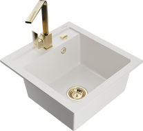 Mexen Vito žulový drez s 1 komorou s kuchynskou batériou Rita, biely - 6503-20-670300-50