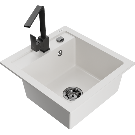 Mexen Vito kuchynský drez žulový s 1-komorou s kuchynskou batériou Rita, biely - 6503-20-670300-70