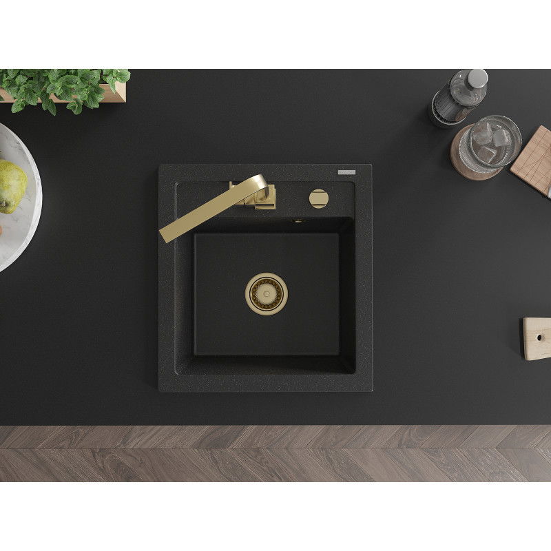 Mexen Vito granitový kuchynský drez 1-komorový s kuchynskou batériou Rita, čierny/strieborný metalický - 6503-73-670300-50