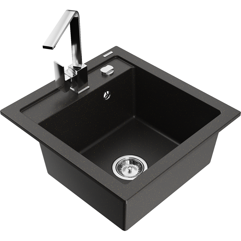 Mexen Vito žulový kuchynský drez s 1 komorou a kuchynskou batériou Rita, čierno/zlatý metalický - 6503-75-670300-00