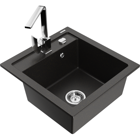 Mexen Vito žulový kuchynský drez s 1 komorou a kuchynskou batériou Rita, čierno/zlatý metalický - 6503-75-670300-00