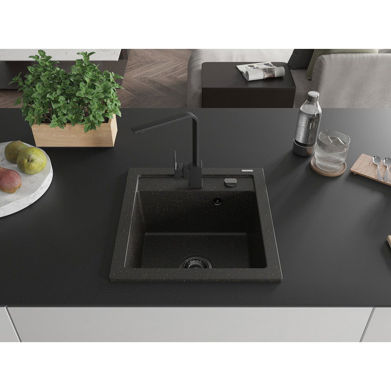 Mexen Vito žulový drez s jednou komorou s kuchynskou batériou Rita, čiern/zlatý metalik - 6503-75-670300-70-B