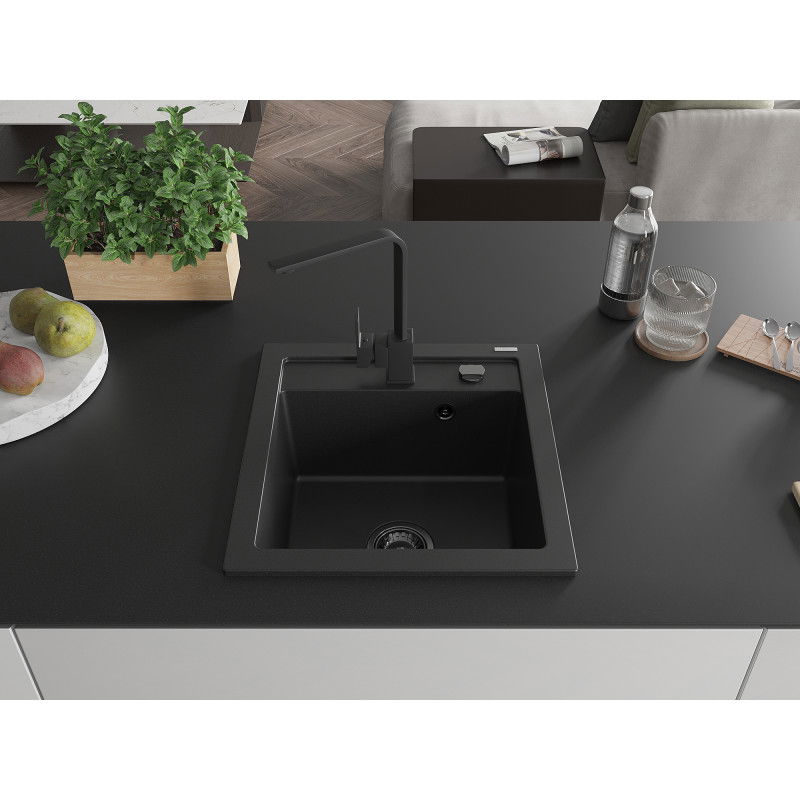 Mexen Vito granitový kuchynský drez s 1-komorou a kuchynskou batériou Rita, čierny - 6503-77-670300-70-B