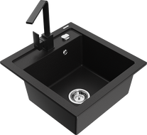 Mexen Vito granitový kuchynský drez 1-komorový s kuchynskou batériou Rita, čierny - 6503-77-670300-70
