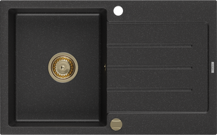 Mexen Bruno žulový drez 1-komorový s odkvapkávačom 795 x 495 mm, čierny/strieborný metalik, sifón zlatý - 6513791010-73-G