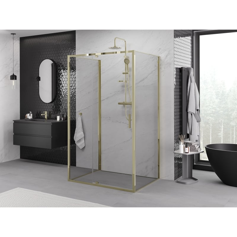 Mexen Exo-3S Trojstranná sprchová kabína s otváracími dverami 120 x 85 cm, transparentná, zlatá - 819-120-085-50-00-3S