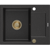 Mexen Enzo granitový jednokomorový drez s odkvapkávačom 576 x 465 mm, Čierna/Strieborná metalíza, Sifón Zlatá - 6506571005-73-G