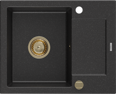 Mexen Enzo žulový drez s 1 komorou a odkvapkávačom 576 x 465 mm, čierny/strieborný metalický, sifón zlatý - 6506571005-73-G