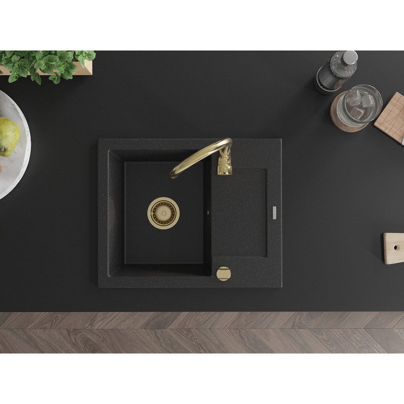 Mexen Enzo žulový drez s 1 komorou a odkvapkávačom 576 x 465 mm, čierny/strieborný metalický, sifón zlatý - 6506571005-73-G