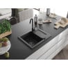 Mexen Enzo granitový kuchynský drez s odkvapkávačom 576 x 465 mm, čierny/strieborný metalik, čierny sifón - 6506571005-73-B