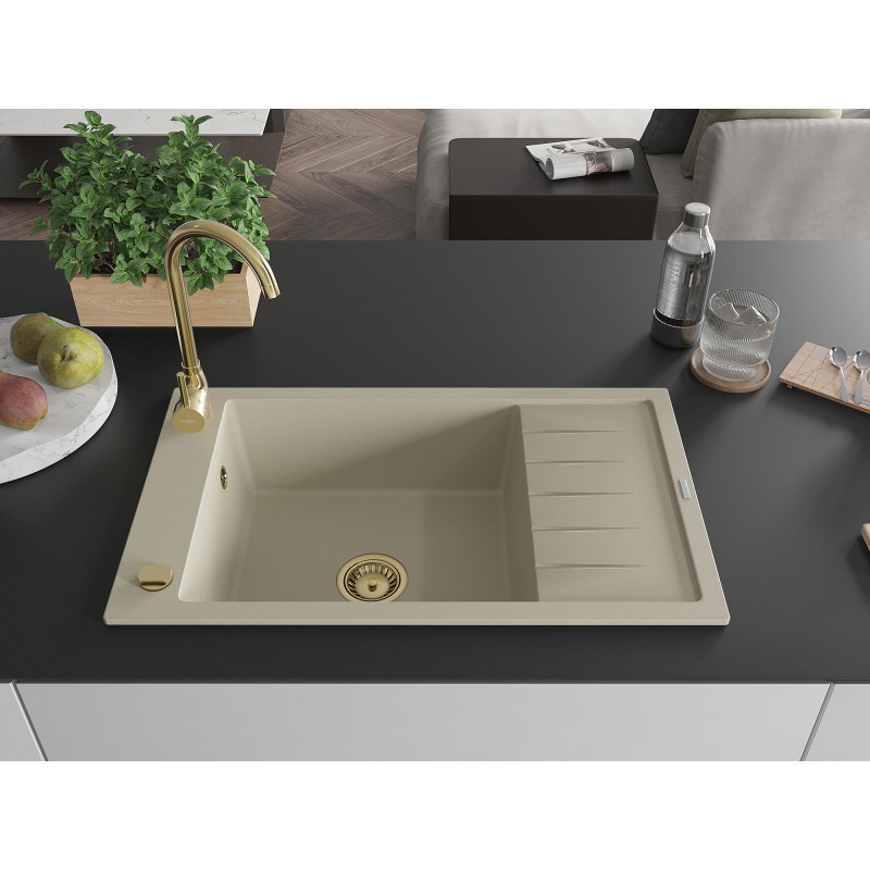 Mexen Elias granitový drez 1-komorový s odkvapkávačom 795 x 480 mm, béžový, zlatý sifón - 6511791005-69-G