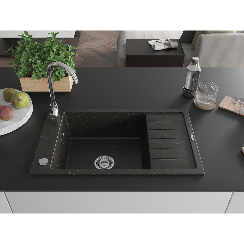 Mexen Elias žulový kuchynský drez 1-komorový s odkvapkávacou plochou 795 x 480 mm, čierny/zlatý metalik, sifón