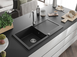 Mexen Leo žulový drez 1-komorový s odkvapkávačom 900 x 500 mm, čierny/strieborný metalik, sifón chróm - 6501901010-73