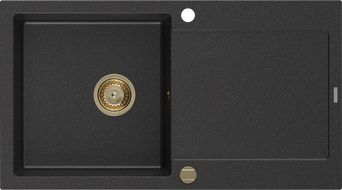 Mexen Leo žulový drez 1-komorový s odkvapom 900 x 500 mm, čierny/strieborný metalik, sifón zlatý - 6501901010-73-G