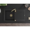 Mexen Leo žulový drez 1-komorový s odkvapom 900 x 500 mm, čierny/strieborný metalik, sifón zlatý - 6501901010-73-G