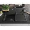 Mexen Leo granitový drez s odkvapkávačom 1-komorový 900 x 500 mm, čierny/strieborný metalik, čierny sifón - 6501901010-73-B
