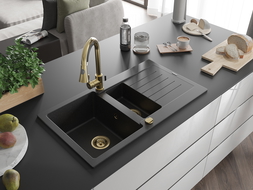 Mexen Matias granitový 1,5-komorový drez s odkvapkávačom 900 x 505 mm, Čierna/Strieborná metalíza, Sifón Zlatá - 6502901505-73-G