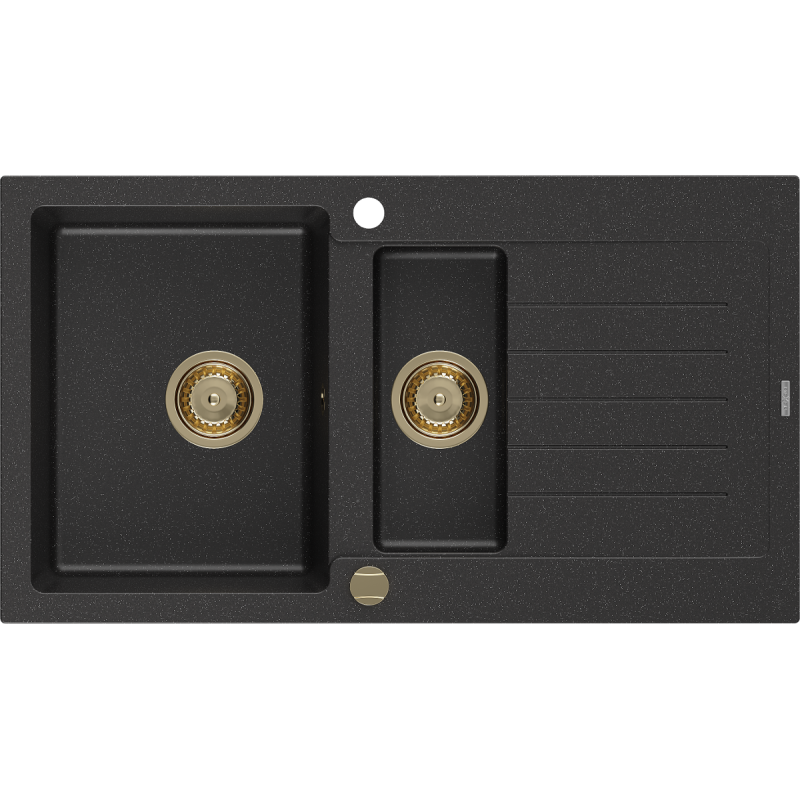Mexen Matias granitový drez 1,5-komorový s odkvapkávacou plochou 900 x 505 mm, čierny/strieborný metalický, sifón zlatý
