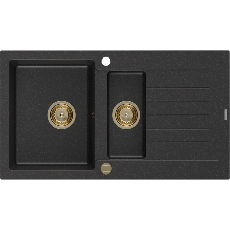Mexen Matias granitový drez 1,5-komorový s odkvapkávacou plochou 900 x 505 mm, čierny/strieborný metalický, sifón zlatý