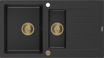 Mexen Matias granitový drez 1,5-komorový s odkvapkávacou plochou 900 x 505 mm, čierny/strieborný metalický, sifón zlatý
