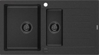 Mexen Matias granitový drez 1,5-komorový s odkvapkávačom 900 x 505 mm čierny/strieborný metalík, čierny sifón