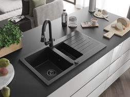 Mexen Matias granitový 1,5-komorový drez s odkvapkávačom 900 x 505 mm Čierna/Strieborná metalíza, Sifón Čierna - 6502901505-73-B