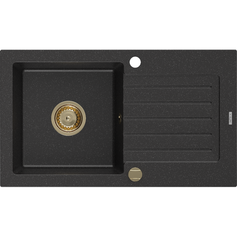 Mexen Pablo granitový jednokomorový drez s odkvapkávačom 752 x 436 mm, Čierna/Strieborná metalíza, Sifón Zlatá - 6510751010-73-G