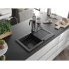 Mexen Pablo granitový drez 1-komorový s odkvapkávačom 752 x 436 mm, čierny/strieborný metalik, čierny sifón - 6510751010-73-B