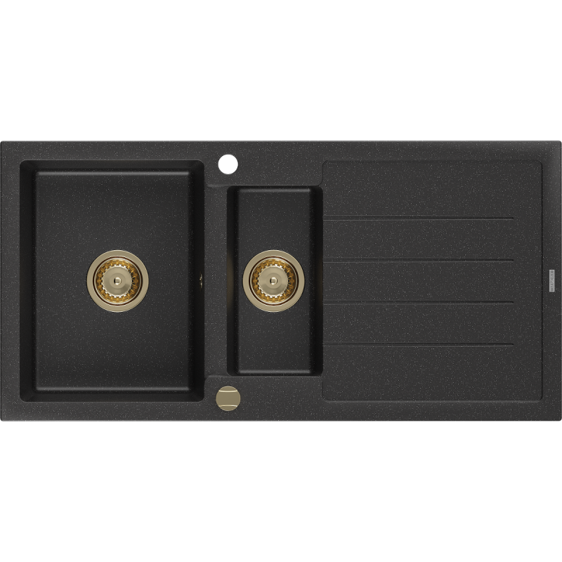 Mexen Andres granitozový drez 1,5-komorový s odkvapkávačom 1000 x 500 mm čierny/strieborný metalik, zlatý sifón
