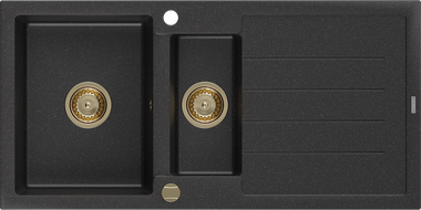 Mexen Andres granitozový drez 1,5-komorový s odkvapkávačom 1000 x 500 mm čierny/strieborný metalik, zlatý sifón