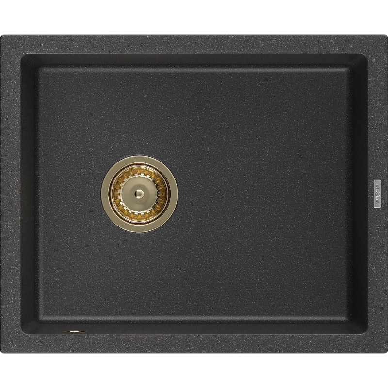 Mexen Pedro granitový drez 1-komorový 560 x 460 mm, čierny bodkovaný, sifón zlatý - 6508561000-76-G