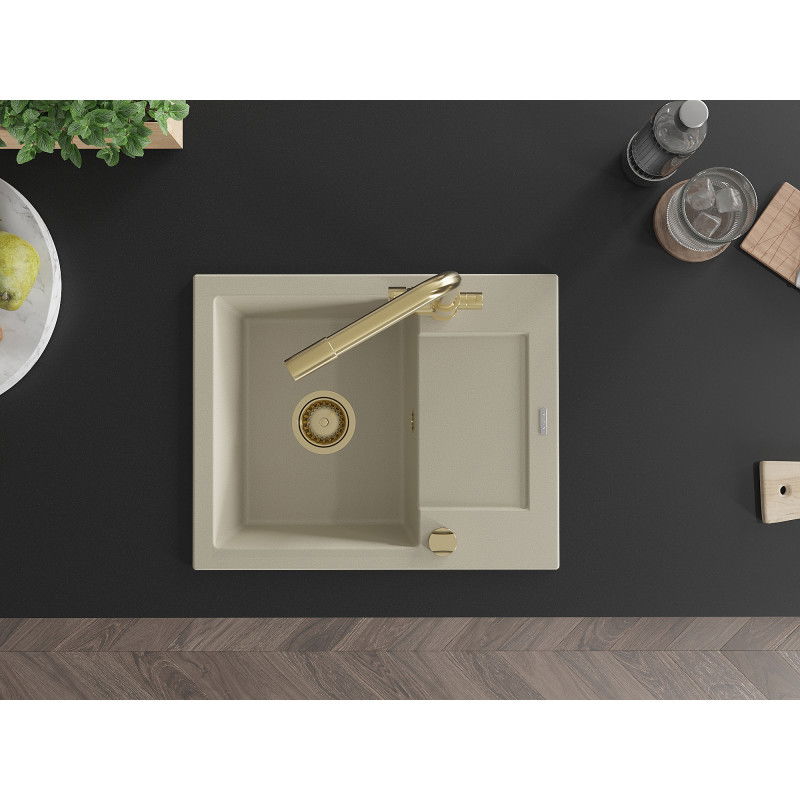 Mexen Enzo granitový drez 1-komorový s odkvapkávačom a kuchynskou batériou Duero, béžový - 6506-69-671600-50