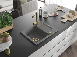 Mexen Enzo žulový drez s jednou komorou a odkvapkávačom a kuchynská batéria Duero, sivá - 6506-71-671600-50