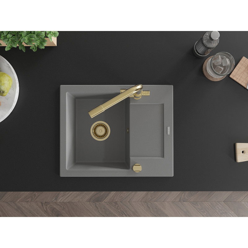 Mexen Enzo žulový drez s jednou komorou a odkvapkávačom a kuchynská batéria Duero, sivá - 6506-71-671600-50