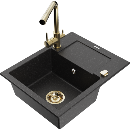 Mexen Enzo granitový drez s 1 komorou, odkvapkávačom a kuchynskou batériou Duero, čierny/strieborný metalíz