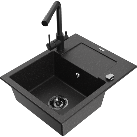 Mexen Enzo granitový drez s 1 komorou s odkvapkávačom a kuchynskou batériou Duero, čierny/strieborný metalický