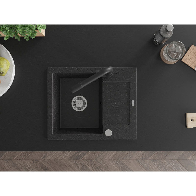 Mexen Enzo žulový drez s 1-komorou a odkvapkávačom a kuchynskou batériou Duero, čierny/strieborný metalický - 6506-73-671600-70