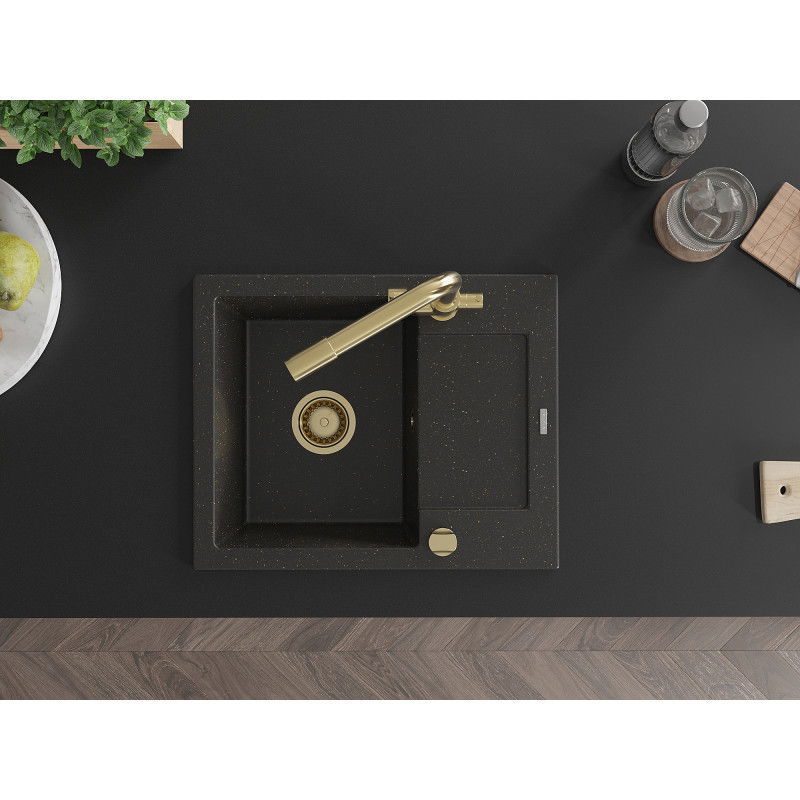 Mexen Enzo granitový kuchynský drez s odkvapkávačom a kuchynskou batériou Duero, čierny/zlatý metalik - 6506-75-671600-50