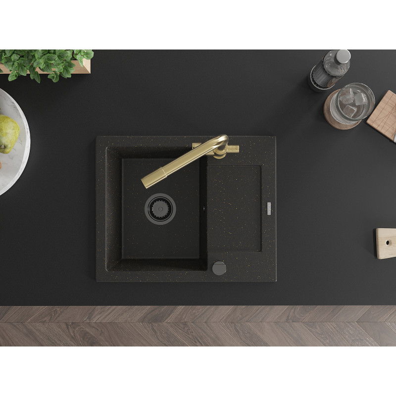 Mexen Enzo žulový drez 1-komorový s odkvapkávačom a kuchynskou batériou Duero, čierny/zlatý metalik - 6506-75-671600-50-B