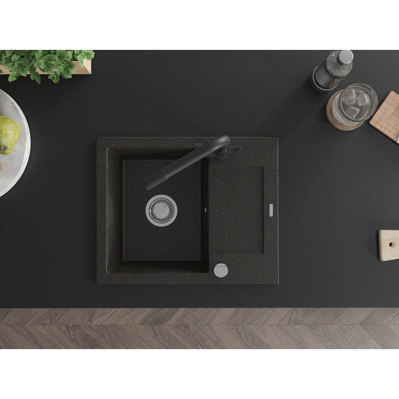 Mexen Enzo žulový drez 1-komorový s odkvapkávačom a kuchynskou batériou Duero, čierna/zlatý metalik - 6506-75-671600-70