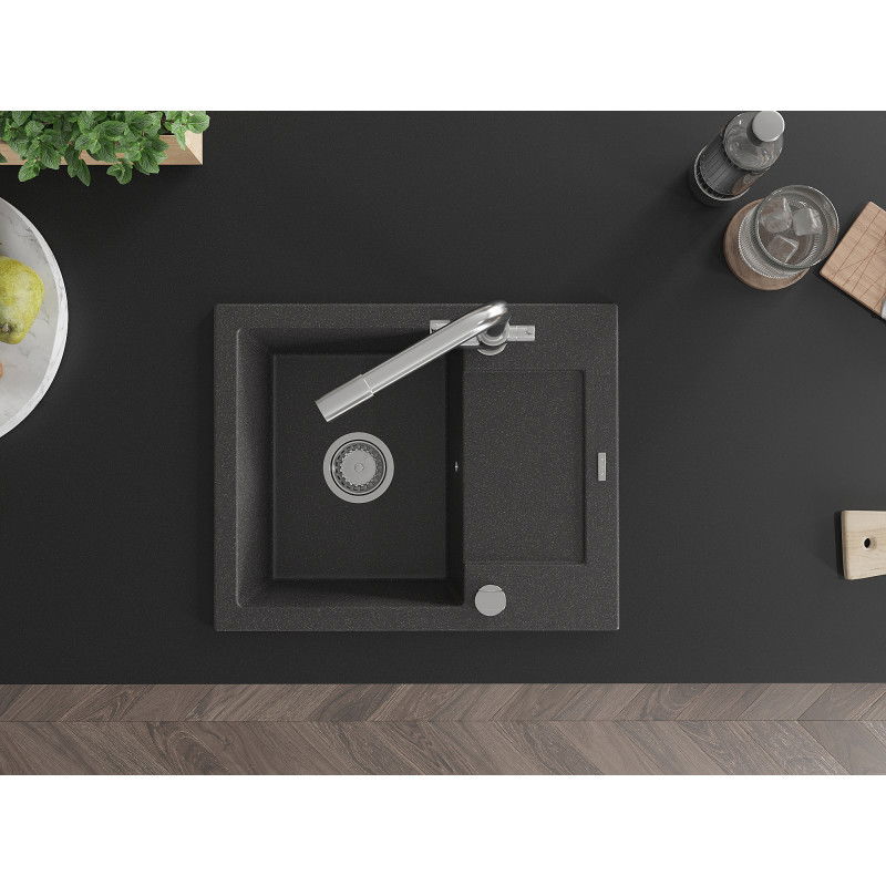 Mexen Enzo granitový drez s 1 komorou s odkvapkávacou plochou a kuchynskou batériou Duero, čierny žíhaný - 6506-76-671600-00