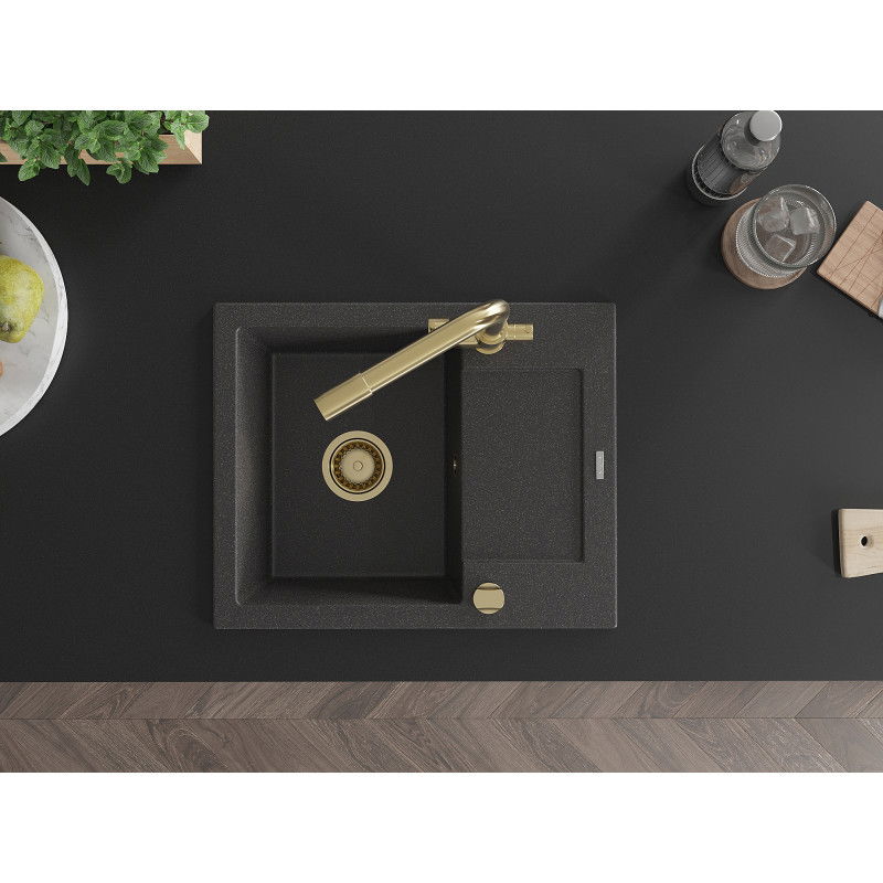 Mexen Enzo žulový drez s 1 komorou s odkvapkávačom a kuchynskou batériou Duero, čierny s bodkami - 6506-76-671600-50