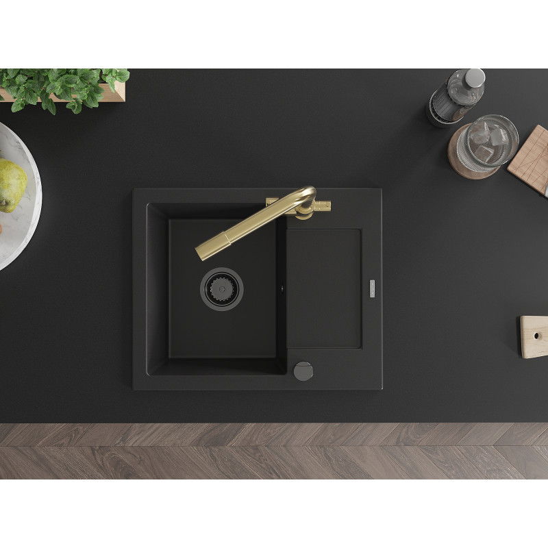 Mexen Enzo žulový kuchynský drez 1-komorový s odkvapkávačom a kuchynskou batériou Duero, čierny - 6506-77-671600-50-B