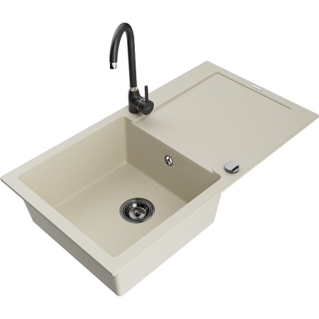 Mexen Leo granitový drez s 1-komorou s odkvapom a kuchynskou batériou Telma, béžový - 6501-69-670200-70
