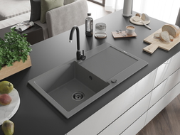 Mexen Leo granitový drez 1-komorový s odkvapkávačom a kuchynskou batériou Telma, sivý - 6501-71-670200-70-B