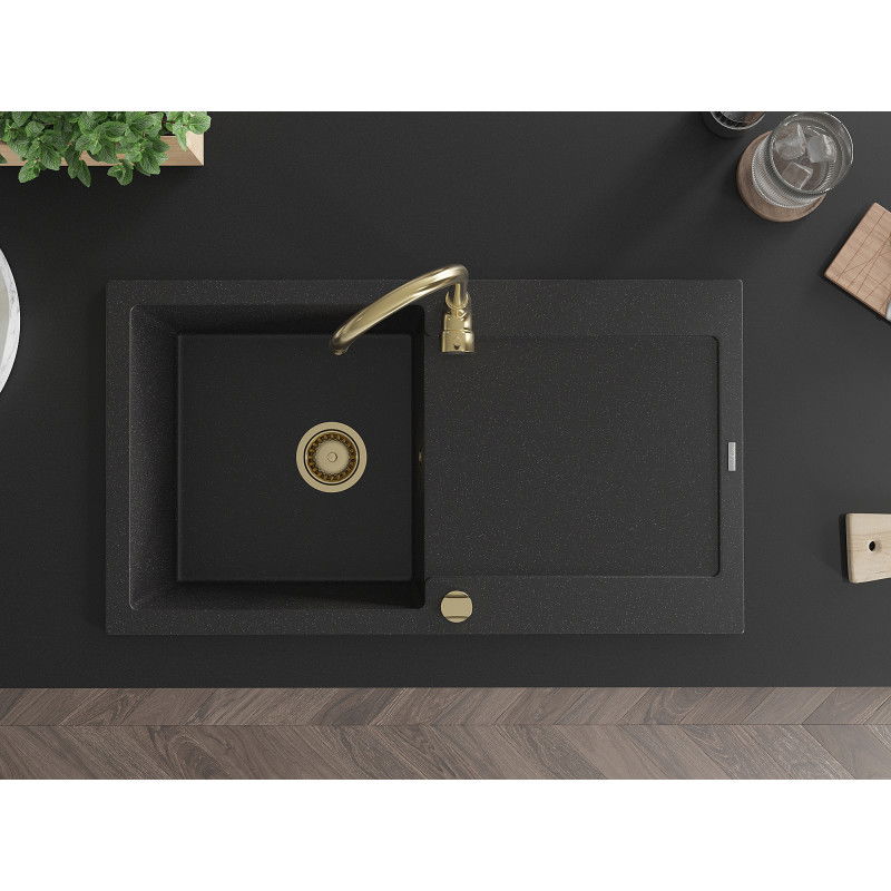 Mexen Leo Granitový drez s 1 komorou s odkvapkávačom a kuchynskou batériou Telma, čierny/strieborný metalický