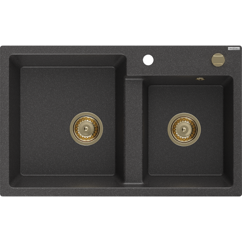 Mexen Tomas žulový drez 2-komorový 800 x 500 mm, čierny škvrnitý, sifón zlatý - 6516802000-76-G