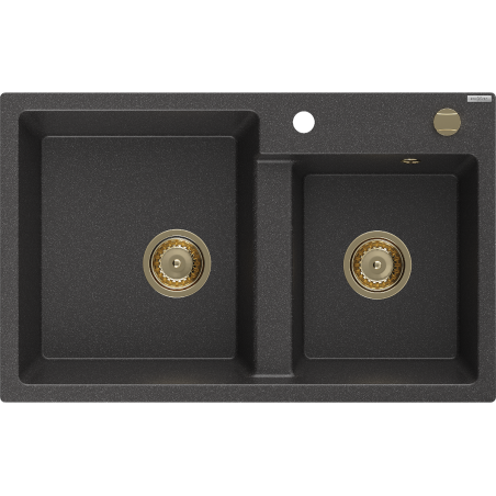 Mexen Tomas žulový drez 2-komorový 800 x 500 mm, čierny škvrnitý, sifón zlatý - 6516802000-76-G