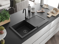 Mexen Leo granitový kuchynský drez s 1 komorou s odkvapkávačom a kuchynskou batériou Telma, čierny/strieborný metalický
