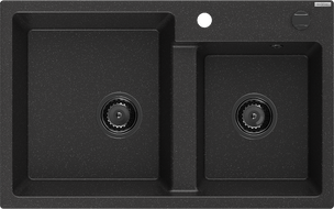 Mexen Tomas granitový kuchynský drez 2-komorový 800 x 500 mm, čierny/strieborný metalický, čierny sifón - 6516802000-73-B